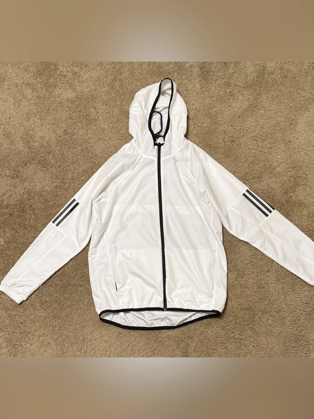 Men's Adidas White Hooded Windbreaker Jacket with Black Trim